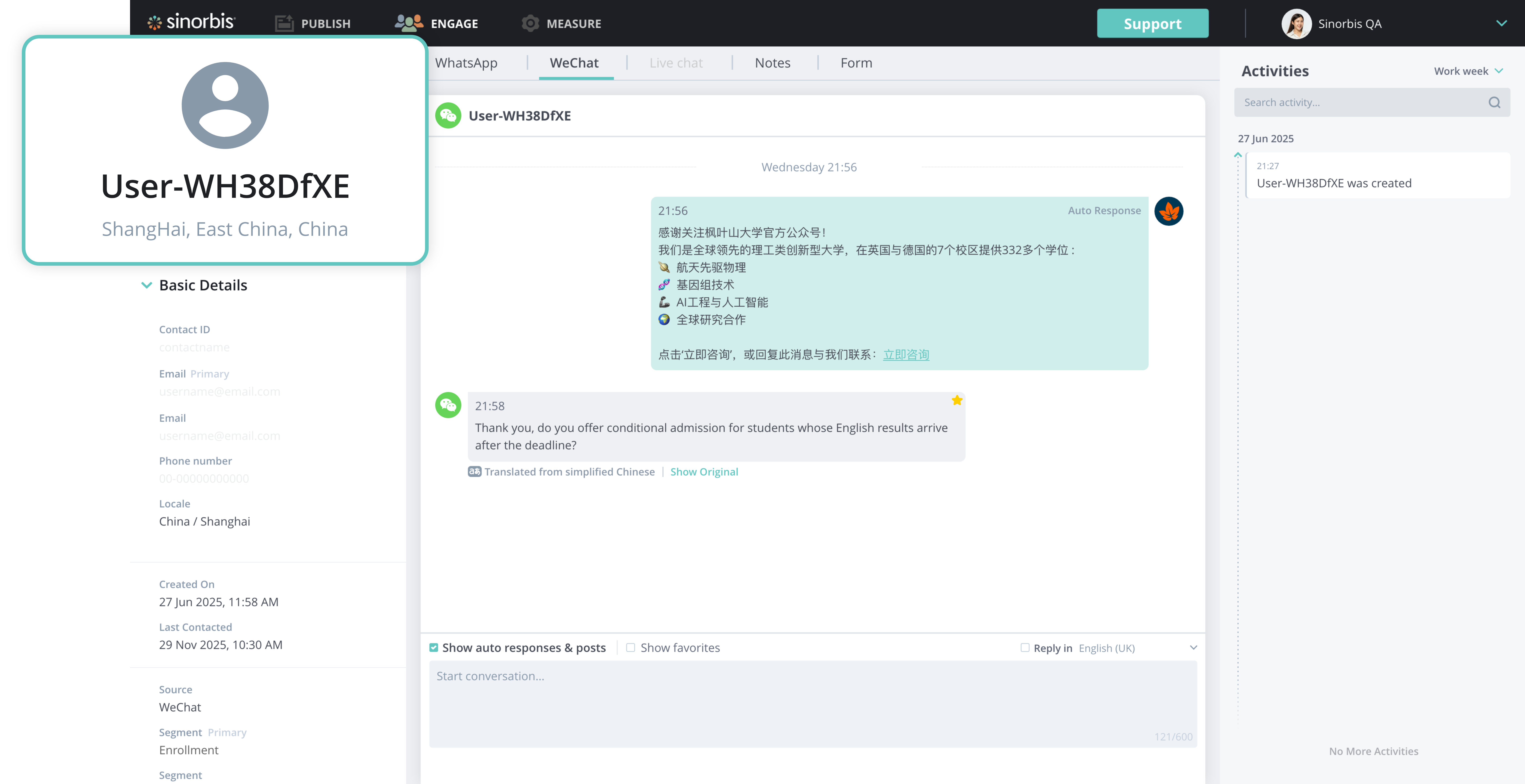 Anonymised WeChat account on the Sinorbis platform