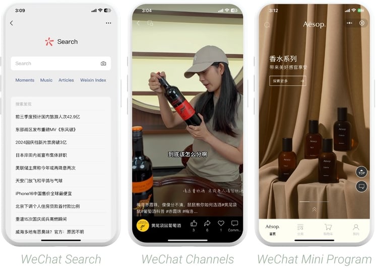 WeChat search, WeChat Channels, WeChat Mini Program